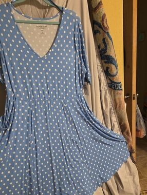 Torrid Lt Blue & White Polka Dot V-Neck A-line Dress w/ Short Sleeves & Pockets